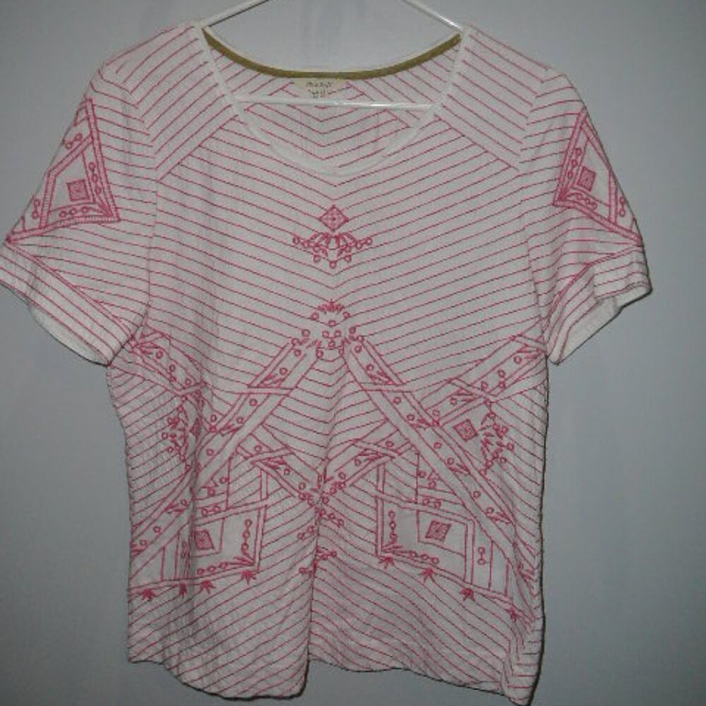 White Stuff Embroidered Asian White w/Salmon Stitching V Neck Blouse-UK12, EUR40